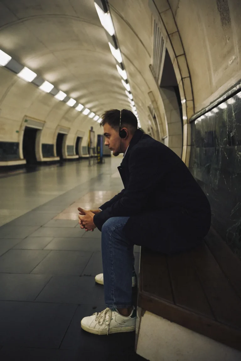 Арсен у навушниках сидить на лаві на платформі метро, схиливши голову й склавши руки, Київ